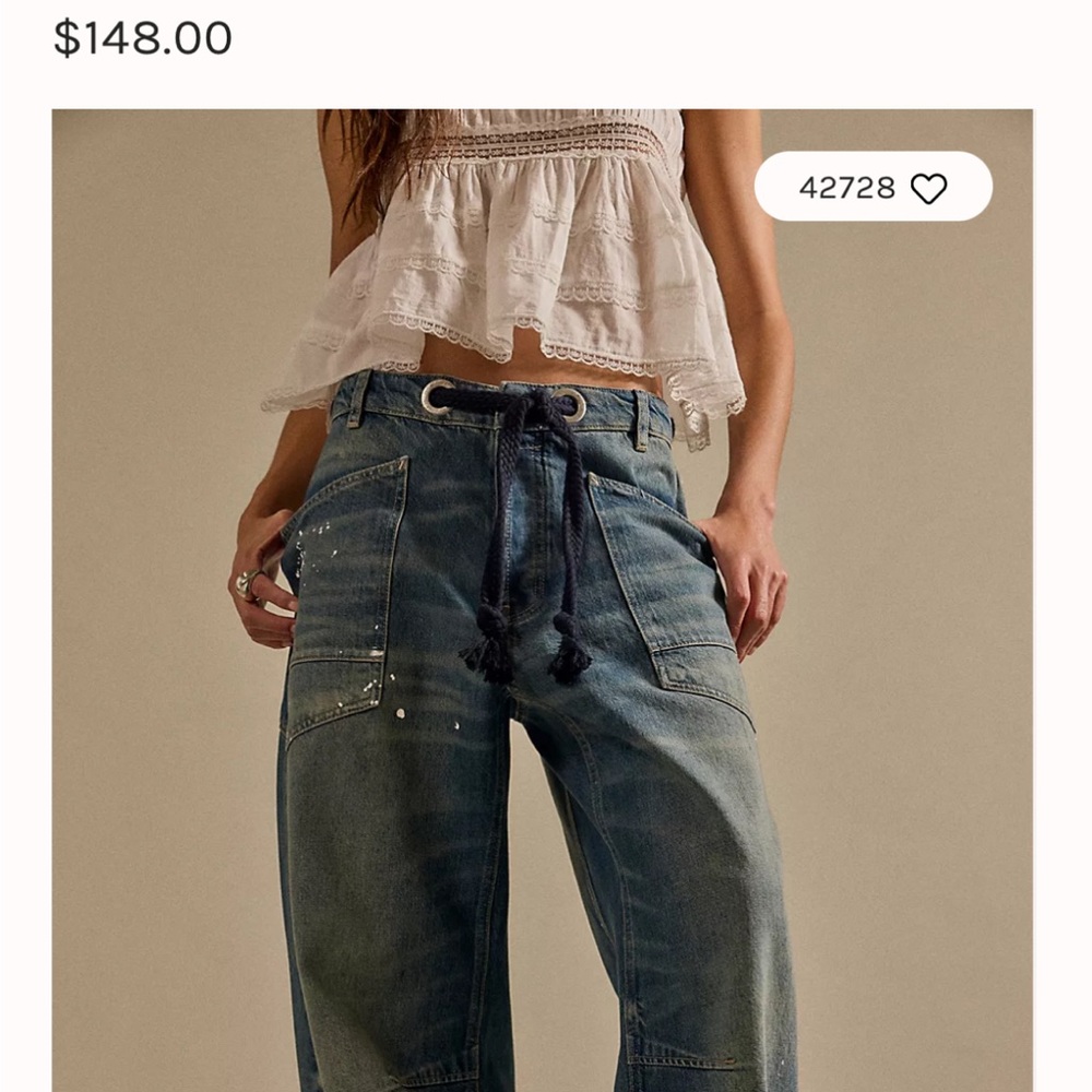 We The Free Washed Blue Boyfriend Jeans with Rope Tie